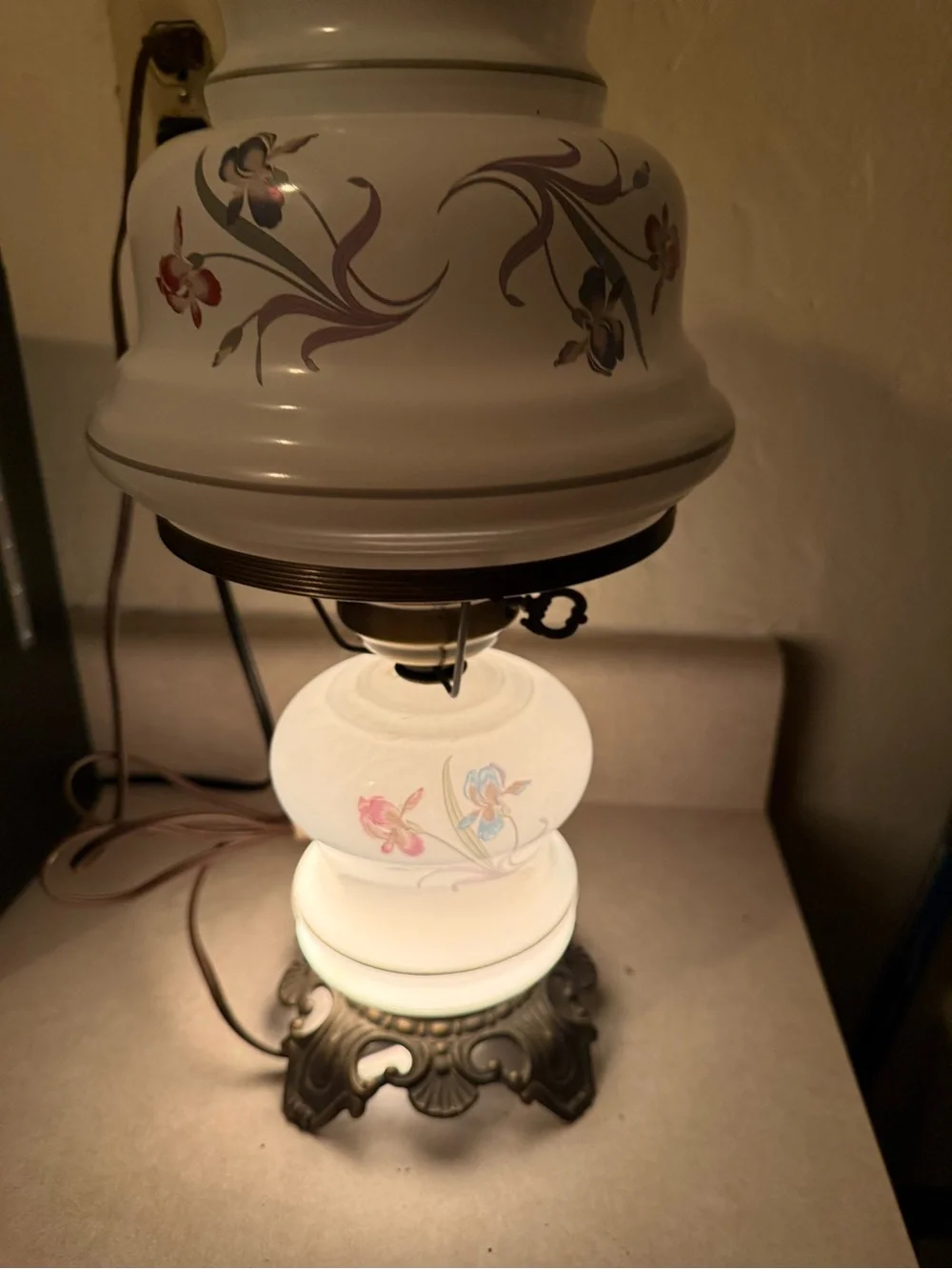 Vintage Floral White Table Lamp with Hand-Painted Accents Hurricane milk glass